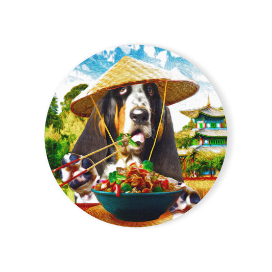 Basset Eating Chinese Food - Cork Back Coaster