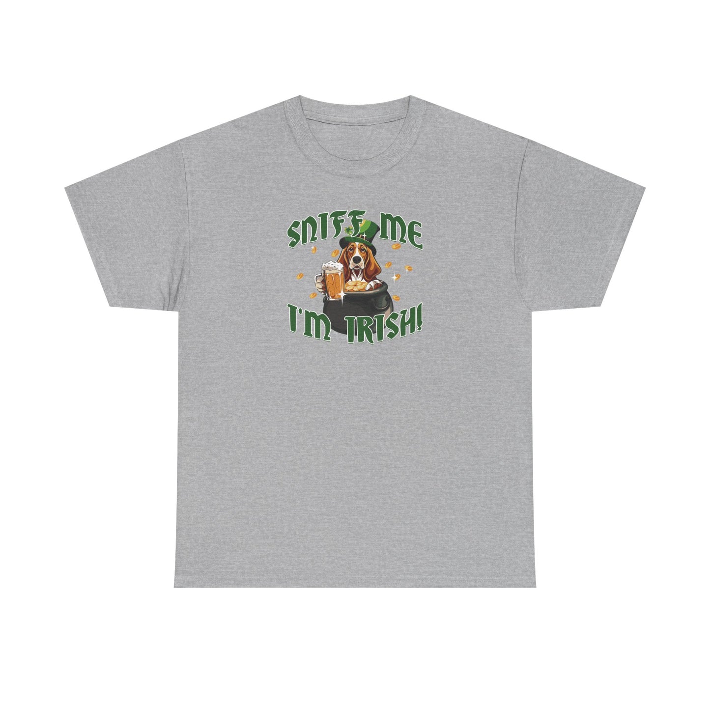 St. Patrick's Day Basset Hound Tee - 'Sniff Me I'm Irish!' Unisex Heavy Cotton T-Shirt