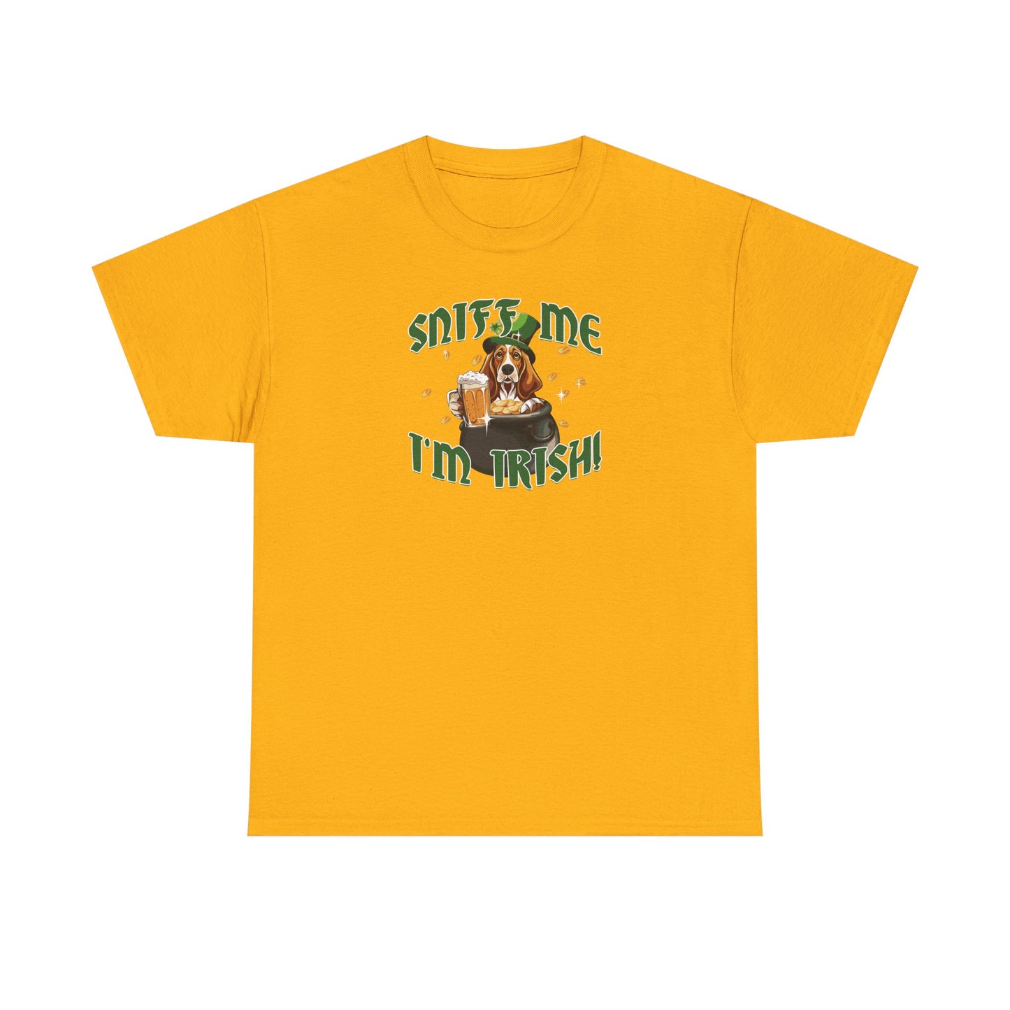 St. Patrick's Day Basset Hound Tee - 'Sniff Me I'm Irish!' Unisex Heavy Cotton T-Shirt