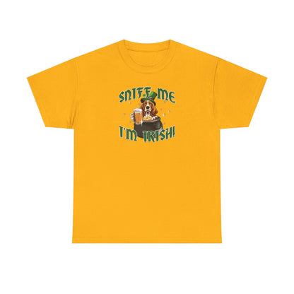 St. Patrick's Day Basset Hound Tee - 'Sniff Me I'm Irish!' Unisex Heavy Cotton T-Shirt