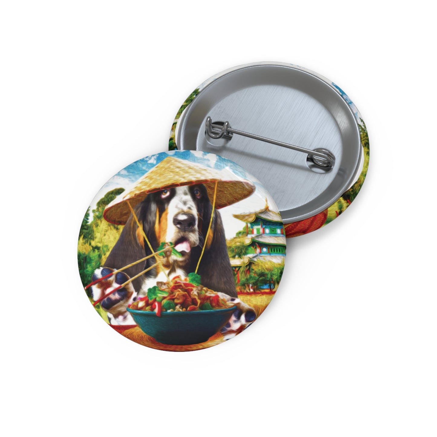Basset Hound Pin Button - Hound in Chinese Village Eating Chinese Food