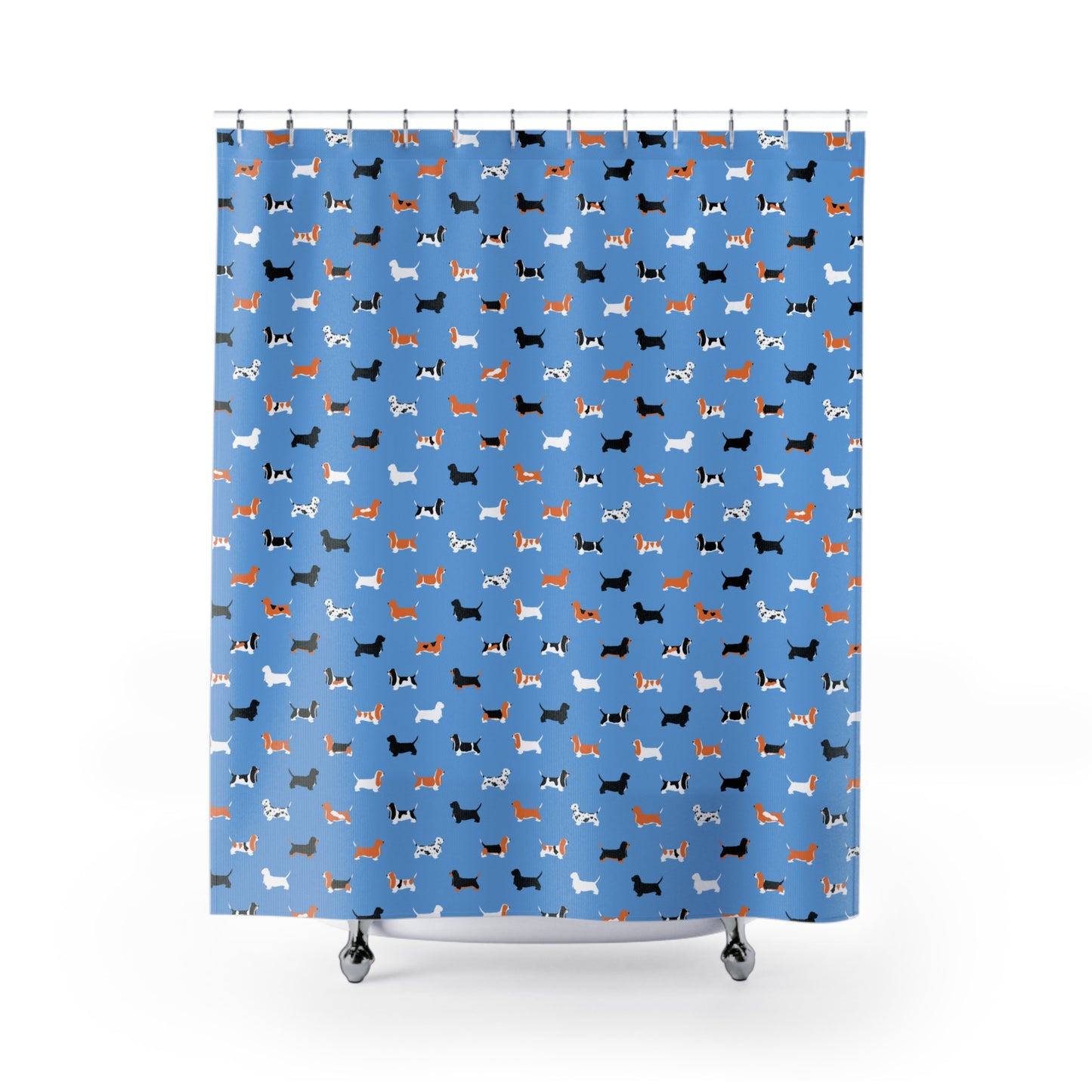 Basset Hound Pattern Shower Curtain – (light blue background)