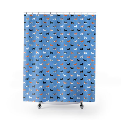 Basset Hound Pattern Shower Curtain – (light blue background)