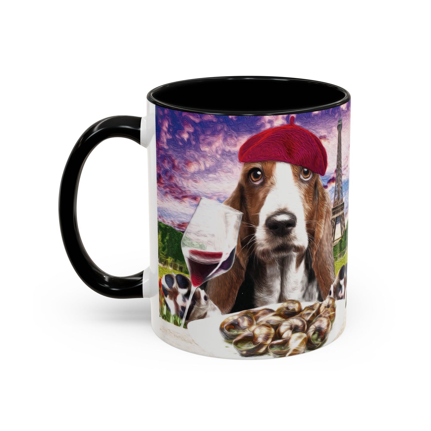 Basset Hound Eating in a French Parisian park - Coffee Mug - Perfect for Dog Lovers, Coffee Enthusiasts, Gifts, Home Decor, and More