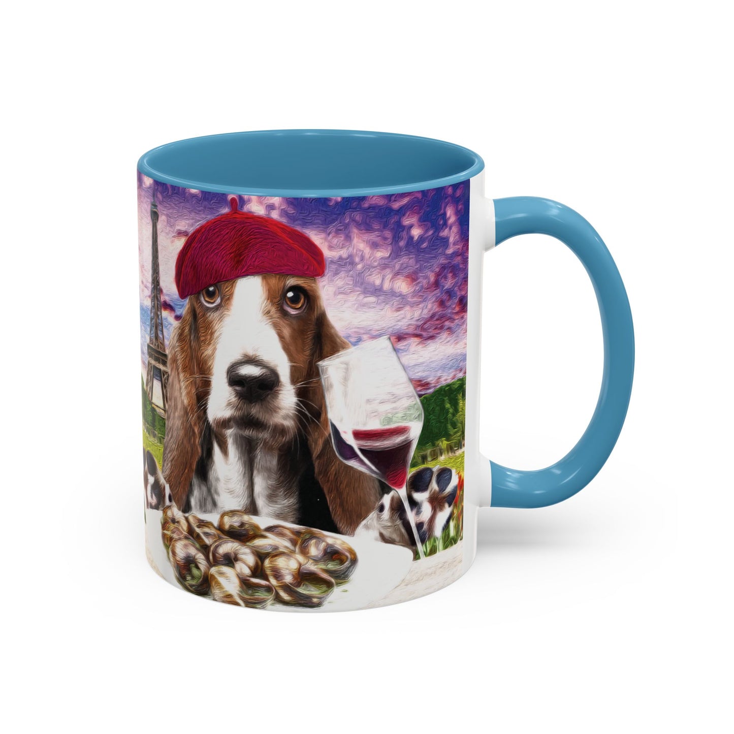 Basset Hound Eating in a French Parisian park - Coffee Mug - Perfect for Dog Lovers, Coffee Enthusiasts, Gifts, Home Decor, and More
