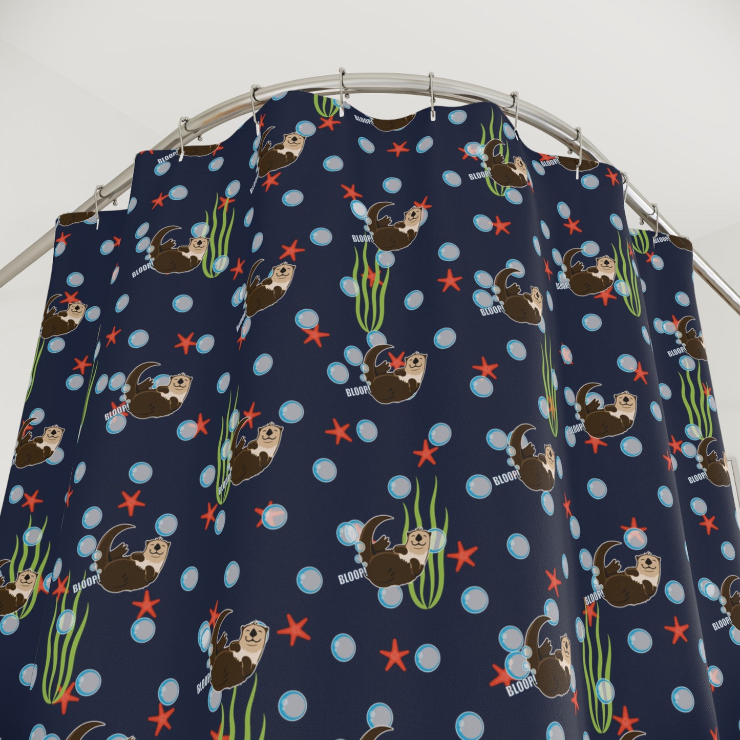 Farting Sea Otter (navy blue water) Shower Curtain – Cute Underwater Sea Otter Bathroom Decor