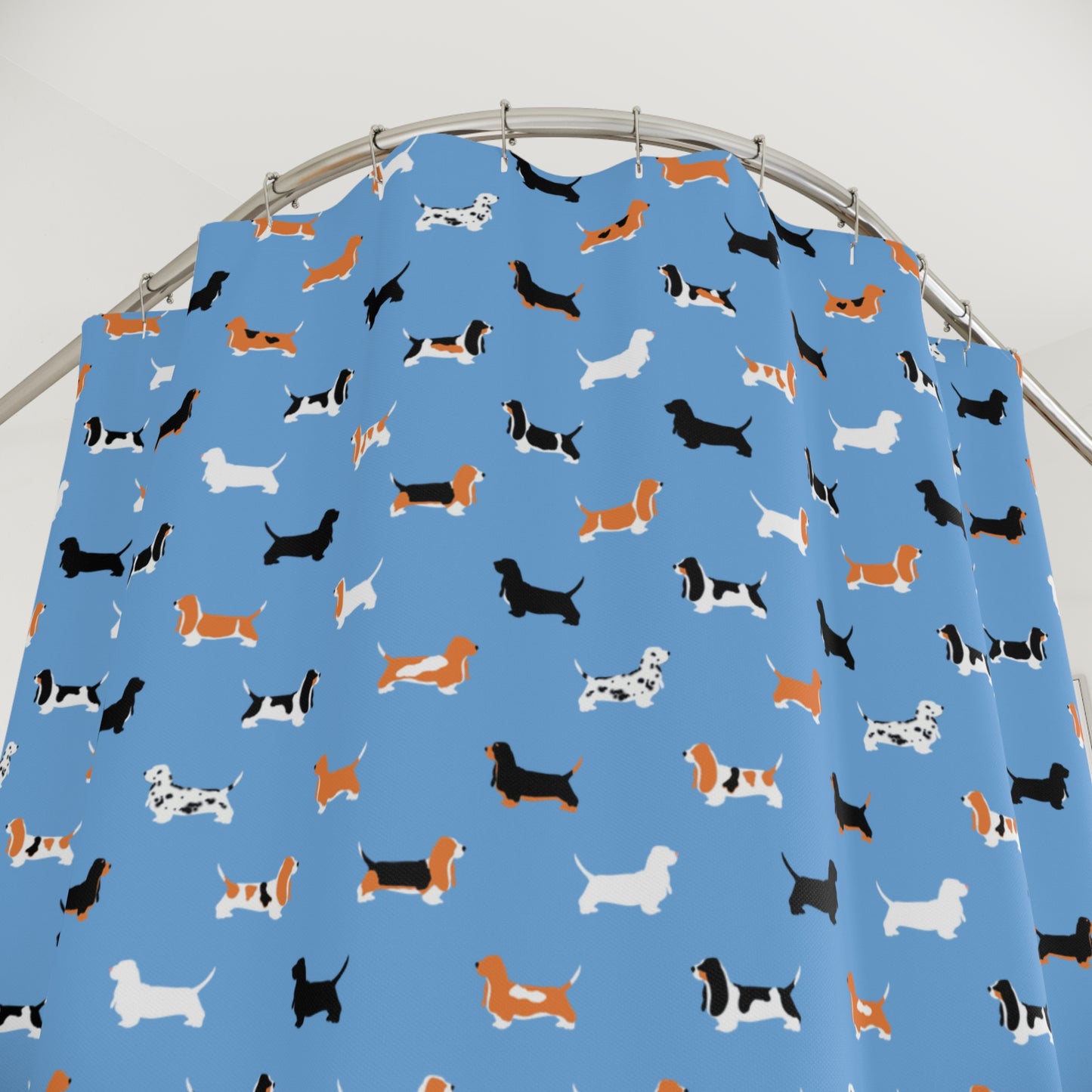 Basset Hound Pattern Shower Curtain – (light blue background)