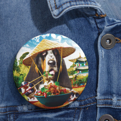 Basset Hound Pin Button - Hound in Chinese Village Eating Chinese Food