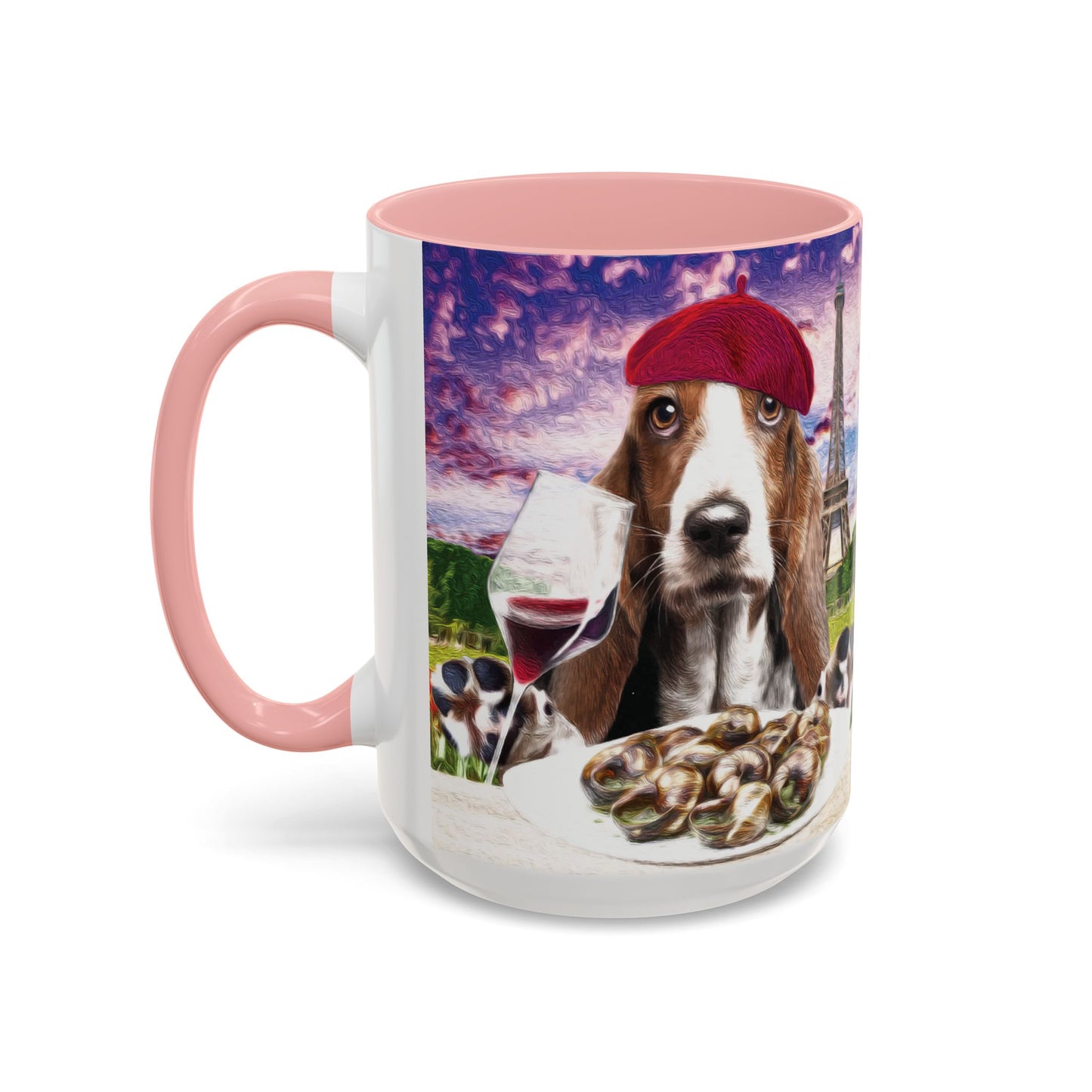 Basset Hound Eating in a French Parisian park - Coffee Mug - Perfect for Dog Lovers, Coffee Enthusiasts, Gifts, Home Decor, and More