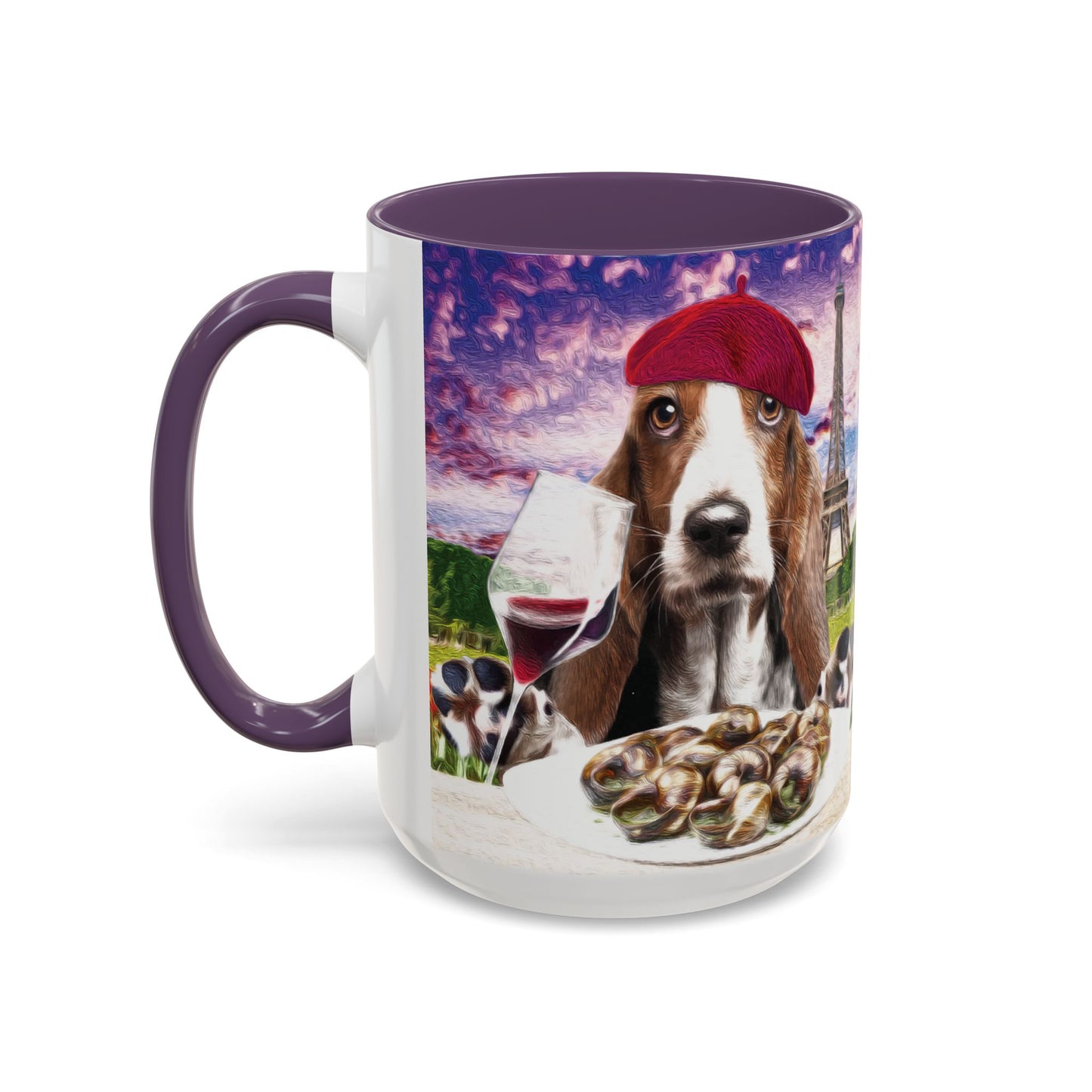Basset Hound Eating in a French Parisian park - Coffee Mug - Perfect for Dog Lovers, Coffee Enthusiasts, Gifts, Home Decor, and More