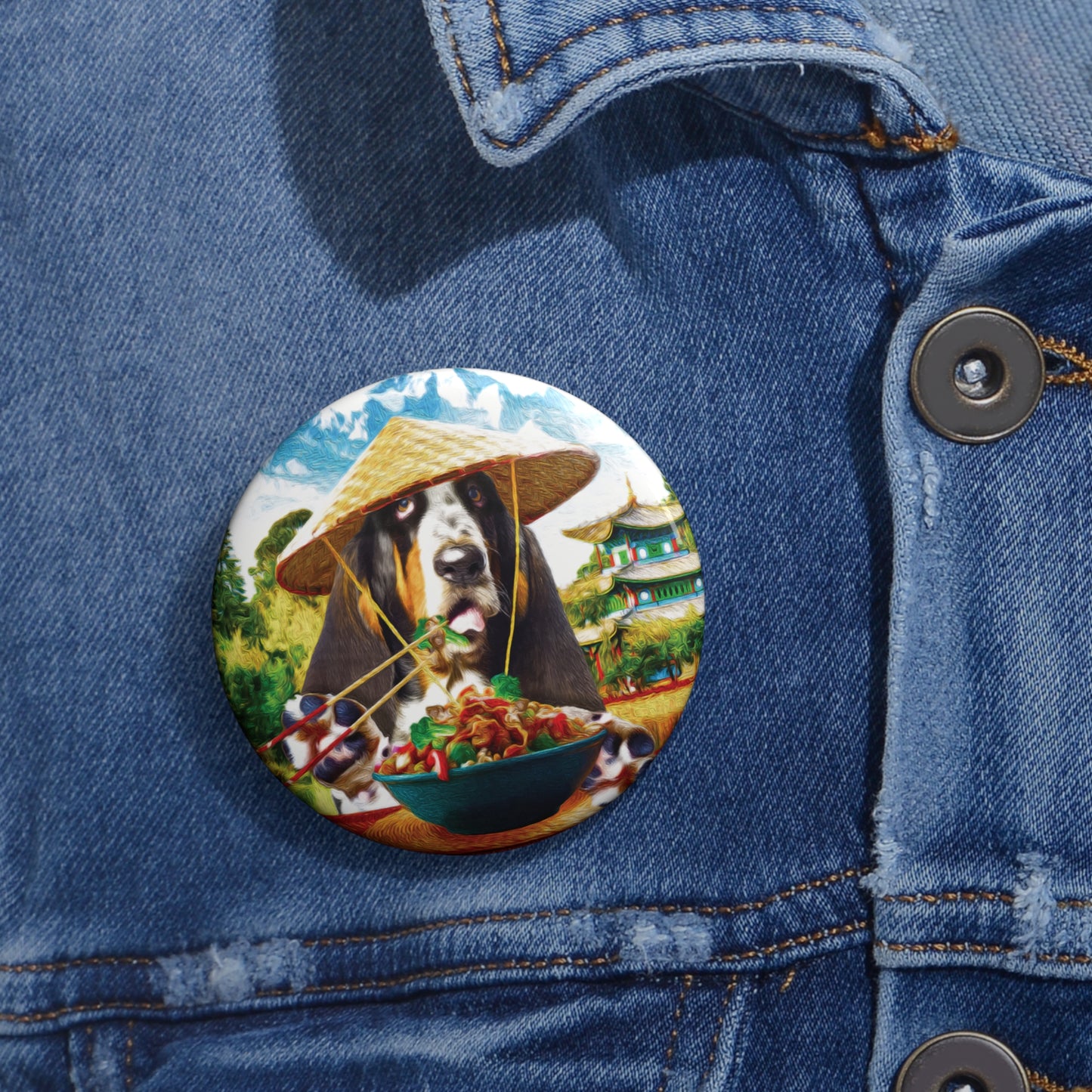 Basset Hound Pin Button - Hound in Chinese Village Eating Chinese Food