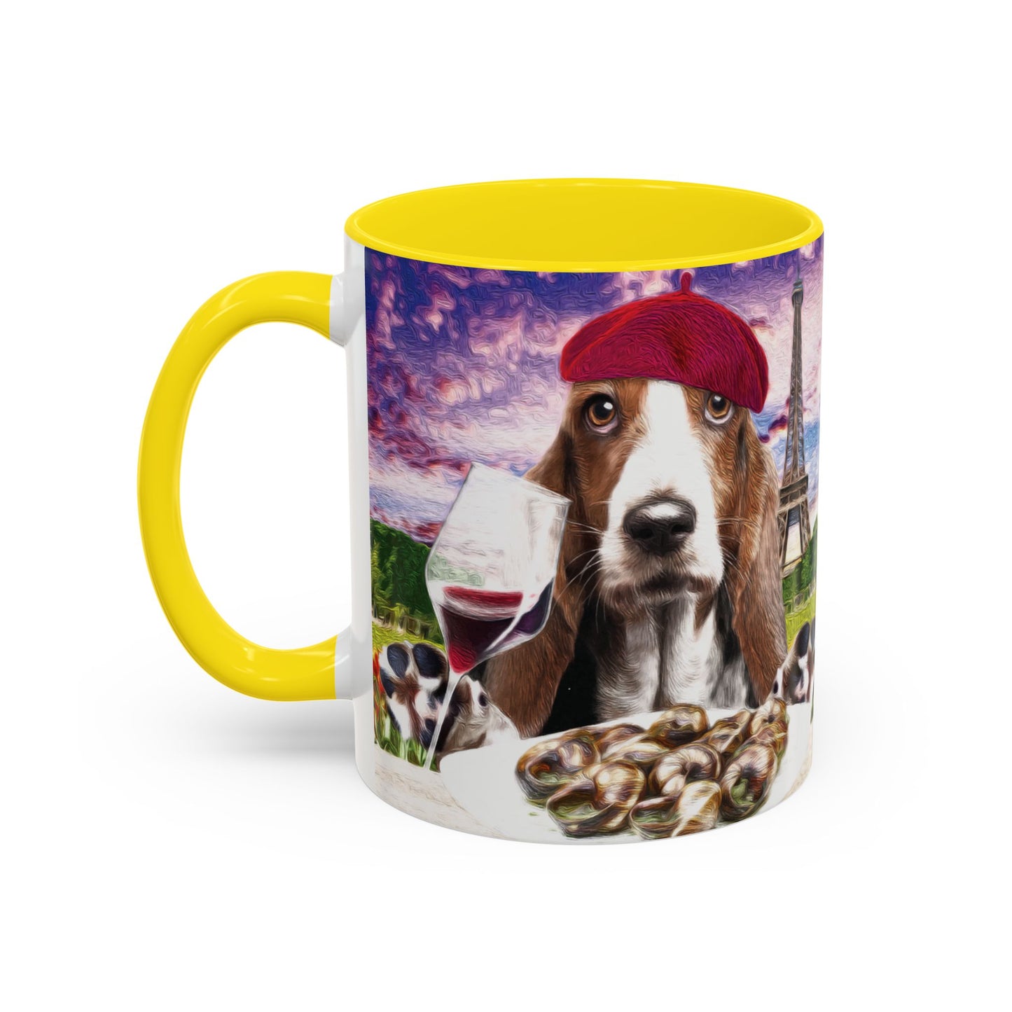 Basset Hound Eating in a French Parisian park - Coffee Mug - Perfect for Dog Lovers, Coffee Enthusiasts, Gifts, Home Decor, and More