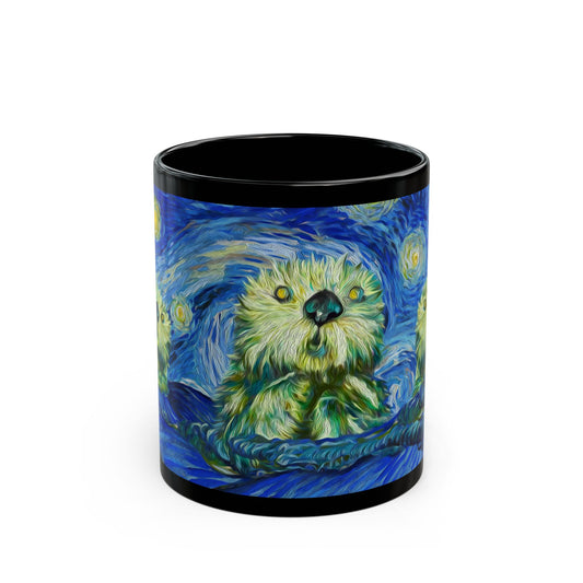 Starry Monterey Night (sea otters in the bay) - Black Mug (11oz, 15oz)