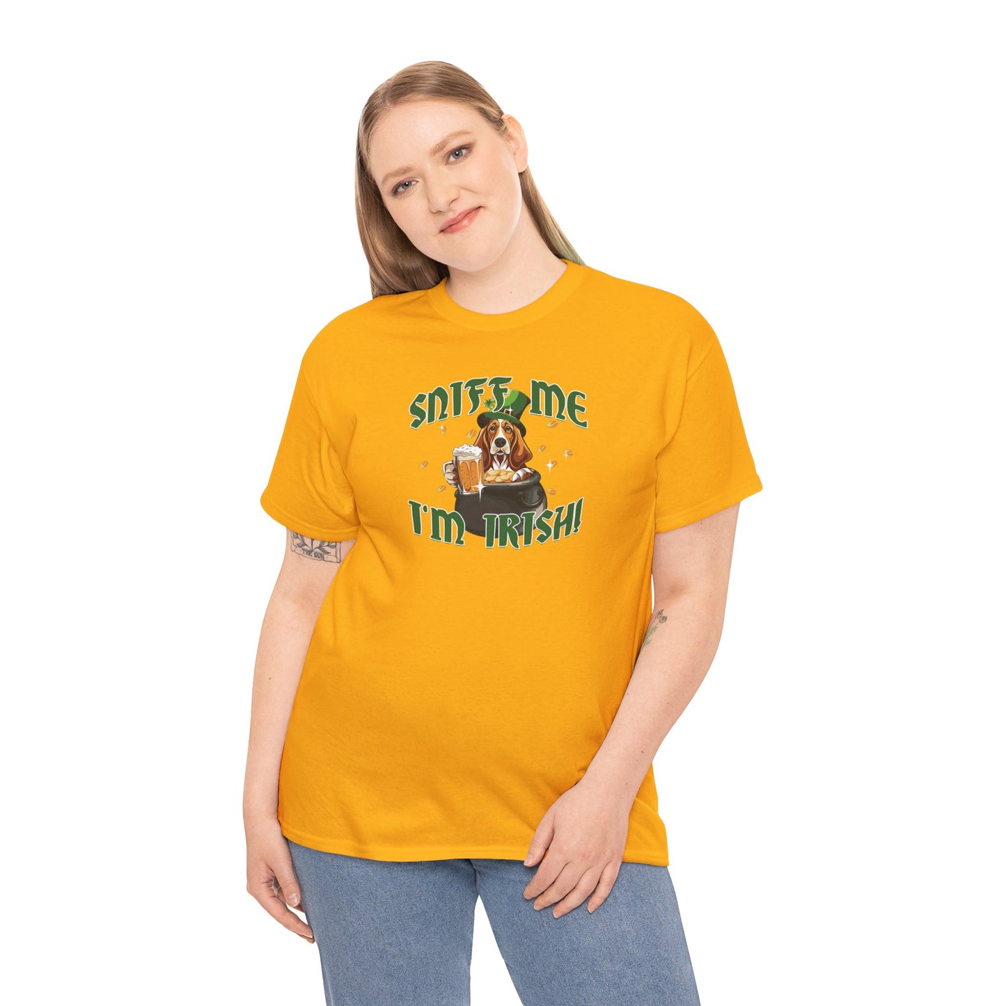 St. Patrick's Day Basset Hound Tee - 'Sniff Me I'm Irish!' Unisex Heavy Cotton T-Shirt