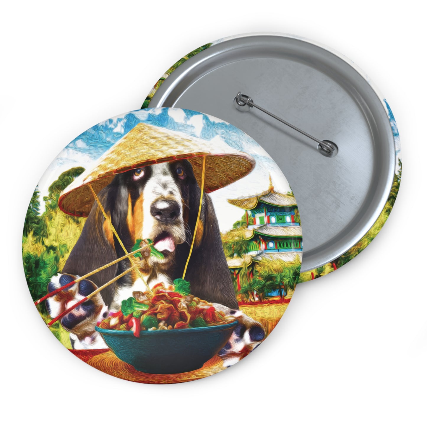 Basset Hound Pin Button - Hound in Chinese Village Eating Chinese Food