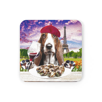 Basset Eating French Food - Cork Back Coaster
