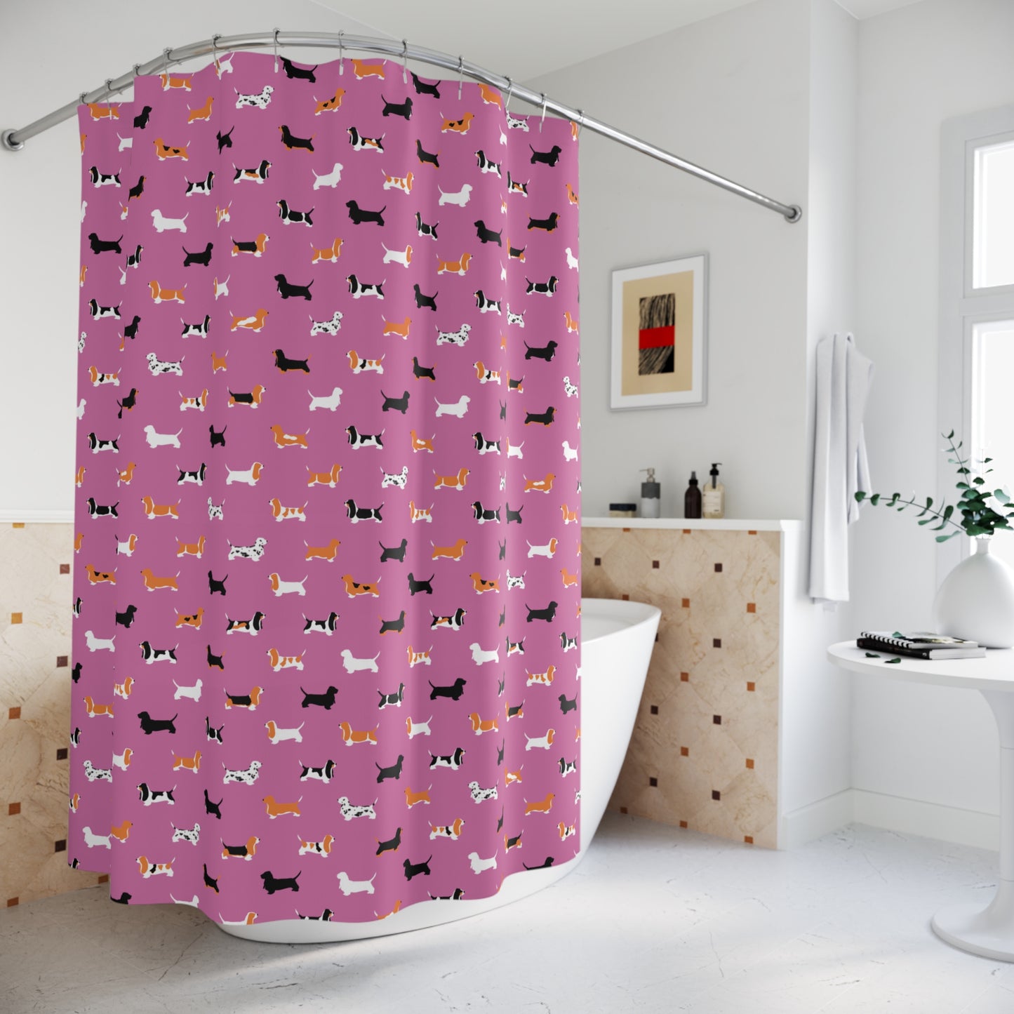 Basset Hound Pattern Shower Curtain – (pink background)