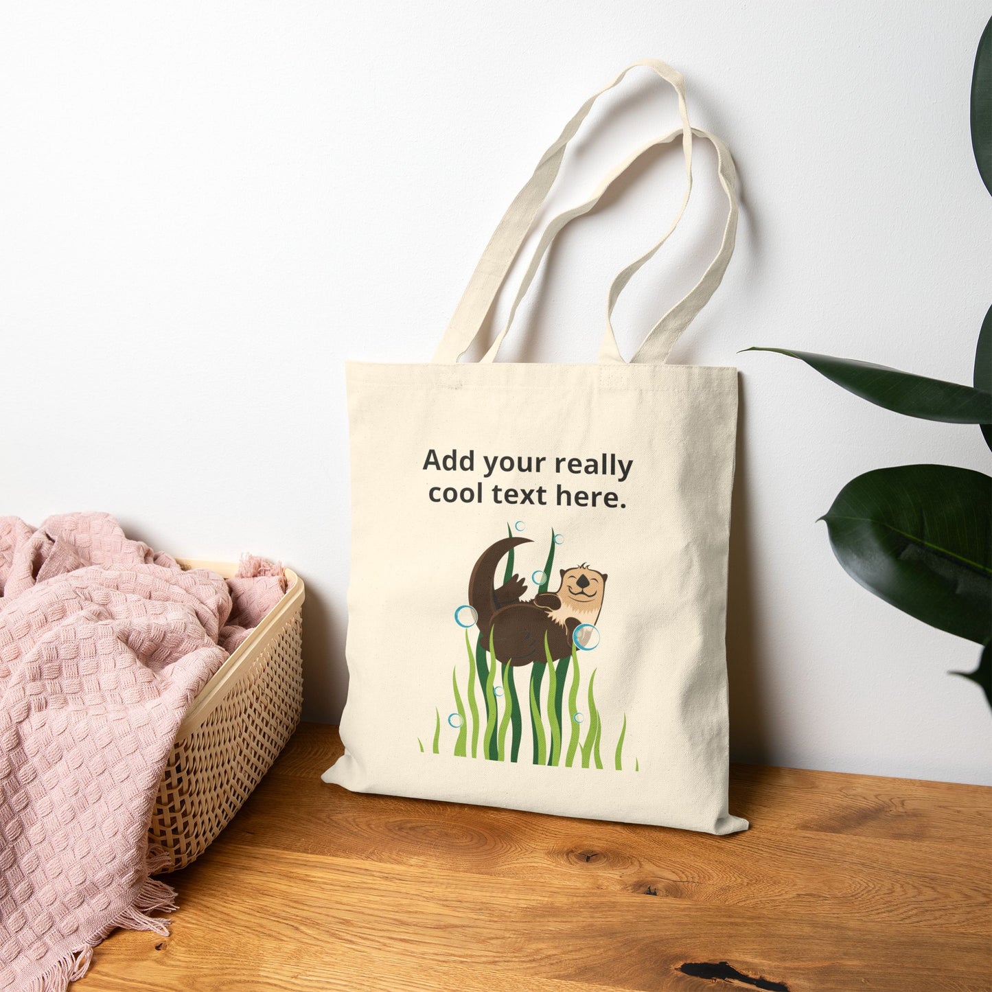 Cute Sea Otter Canvas Tote Bag — Personalized Design "Add your really cool text here."