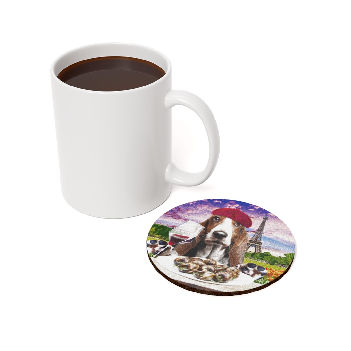 Basset Eating French Food - Cork Back Coaster