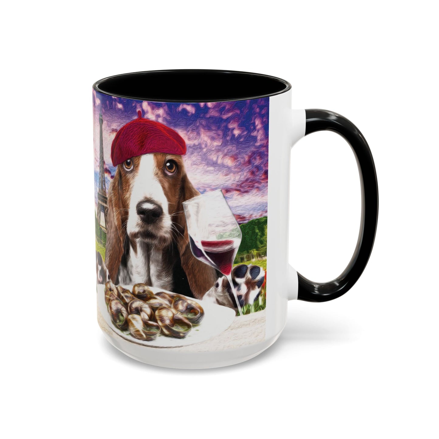 Basset Hound Eating in a French Parisian park - Coffee Mug - Perfect for Dog Lovers, Coffee Enthusiasts, Gifts, Home Decor, and More