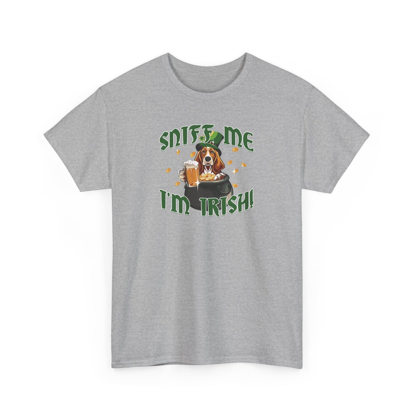 St. Patrick's Day Basset Hound Tee - 'Sniff Me I'm Irish!' Unisex Heavy Cotton T-Shirt