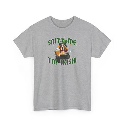 St. Patrick's Day Basset Hound Tee - 'Sniff Me I'm Irish!' Unisex Heavy Cotton T-Shirt