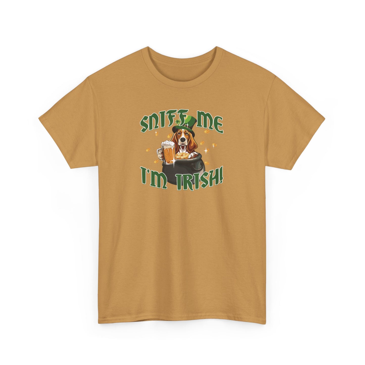 St. Patrick's Day Basset Hound Tee - 'Sniff Me I'm Irish!' Unisex Heavy Cotton T-Shirt
