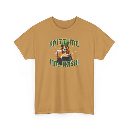 St. Patrick's Day Basset Hound Tee - 'Sniff Me I'm Irish!' Unisex Heavy Cotton T-Shirt