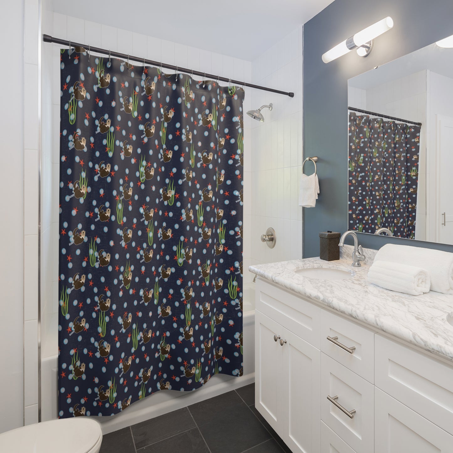 Farting Sea Otter (navy blue water) Shower Curtain – Cute Underwater Sea Otter Bathroom Decor