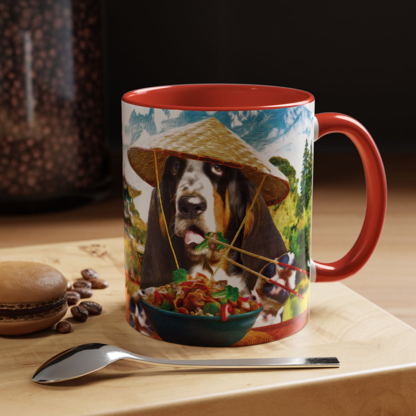Basset Hound Eating in a Chinese Village - Coffee Mug - Perfect for Dog Lovers, Coffee Enthusiasts, Gifts, Home Decor, and More