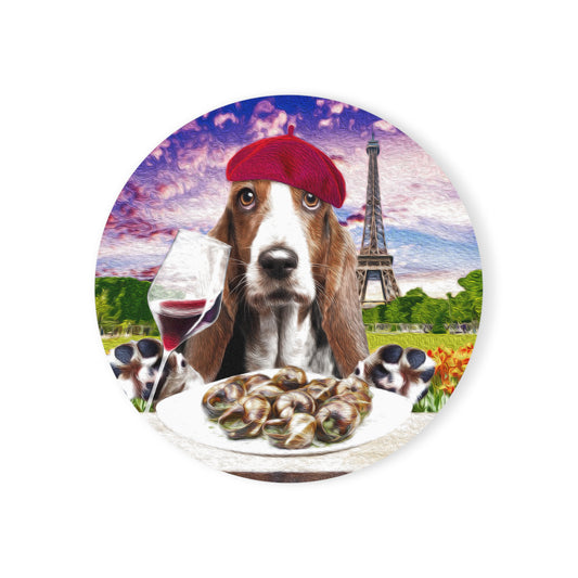 Basset Eating French Food - Cork Back Coaster