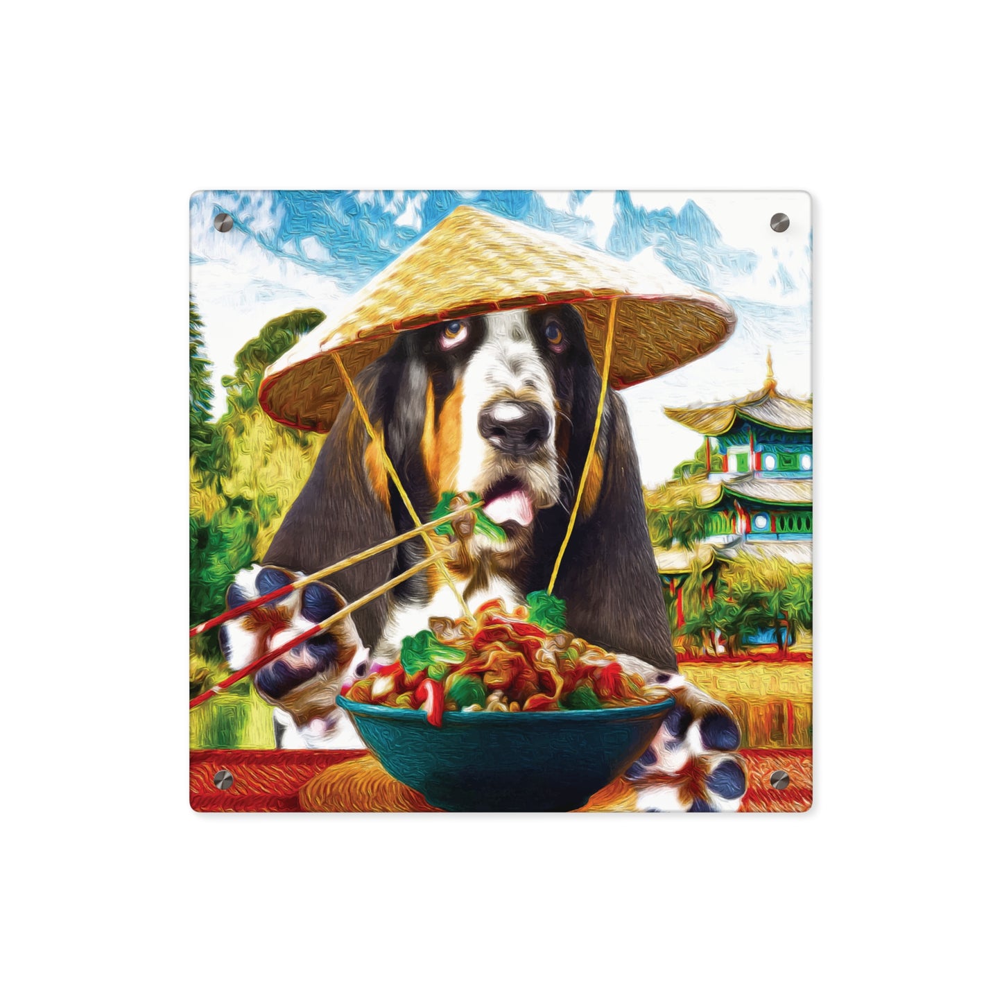 Basset Eating Chinese Food - Acrylic Wall Art Panels