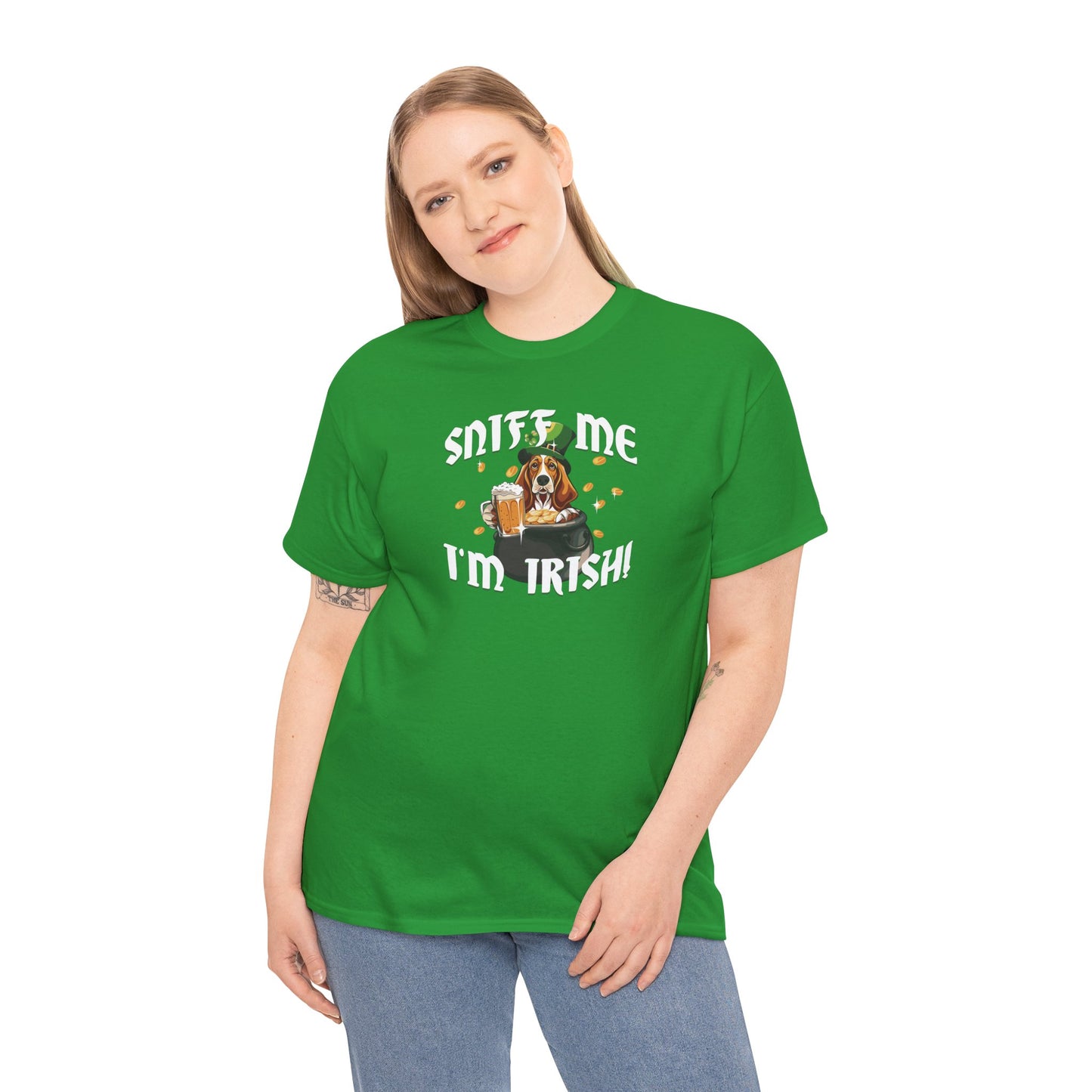 St. Patrick's Day Basset Hound Tee - 'Sniff Me I'm Irish!' Unisex Heavy Cotton T-Shirt