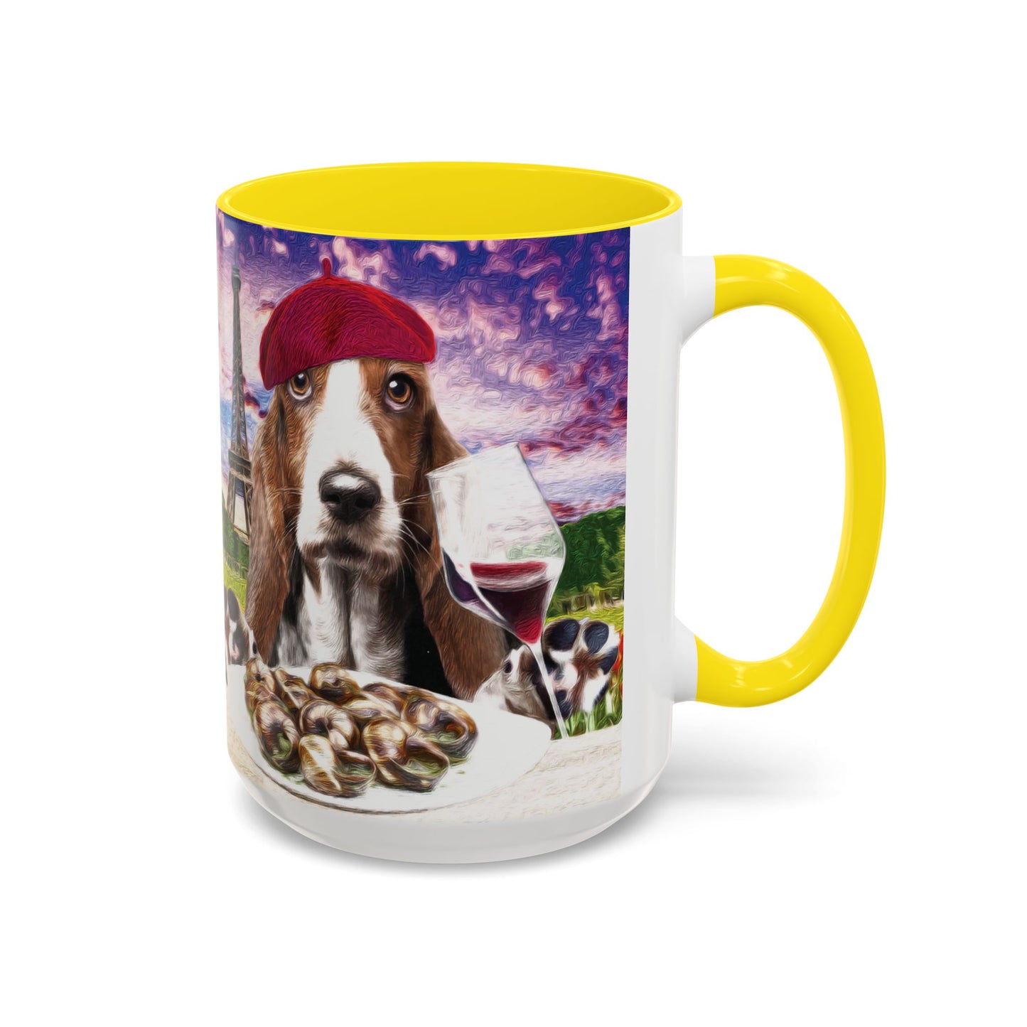 Basset Hound Eating in a French Parisian park - Coffee Mug - Perfect for Dog Lovers, Coffee Enthusiasts, Gifts, Home Decor, and More