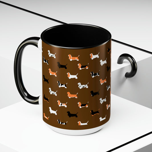 Basset Hound Pattern (Brown) - Two-Tone Coffee Mugs, 15oz