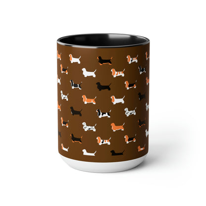 Basset Hound Pattern (Brown) - Two-Tone Coffee Mugs, 15oz