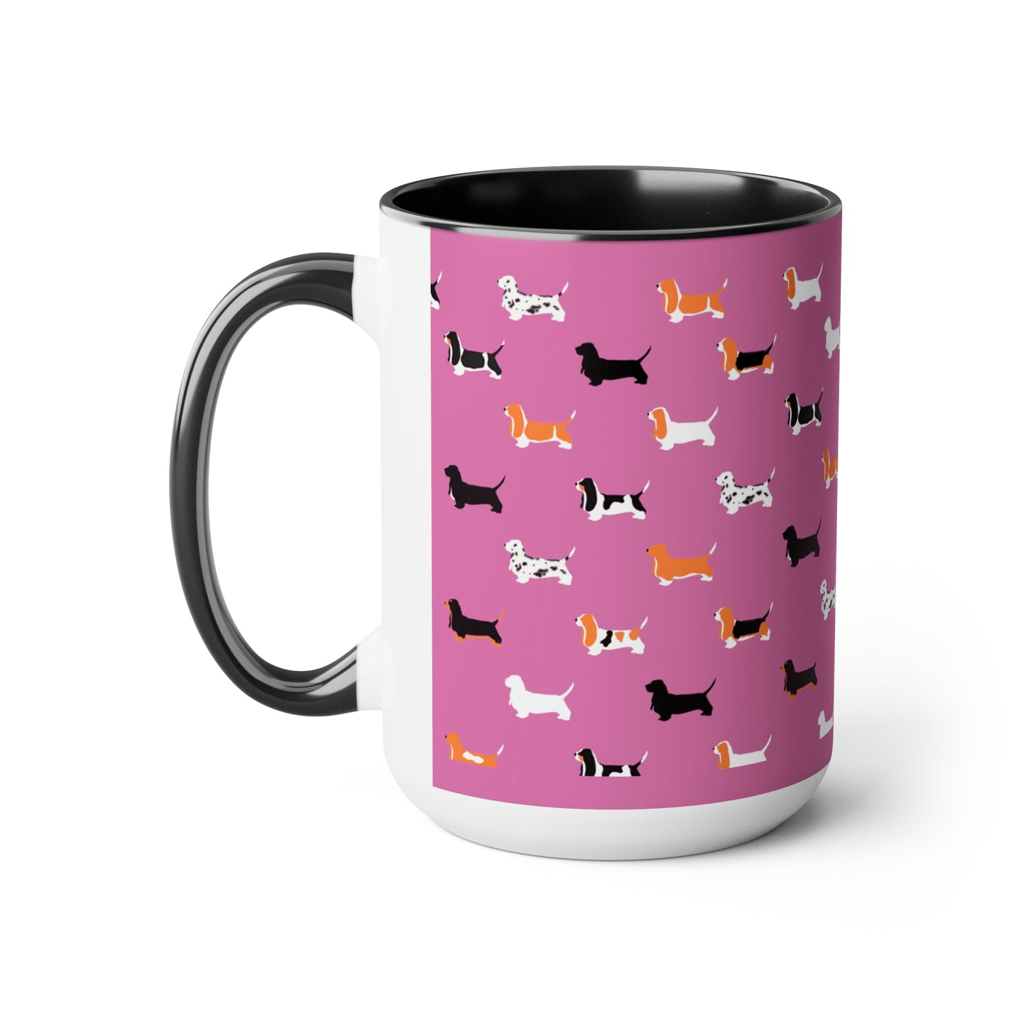 Basset Hound Pattern (Pink) - Two-Tone Coffee Mugs, 15oz