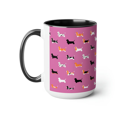 Basset Hound Pattern (Pink) - Two-Tone Coffee Mugs, 15oz