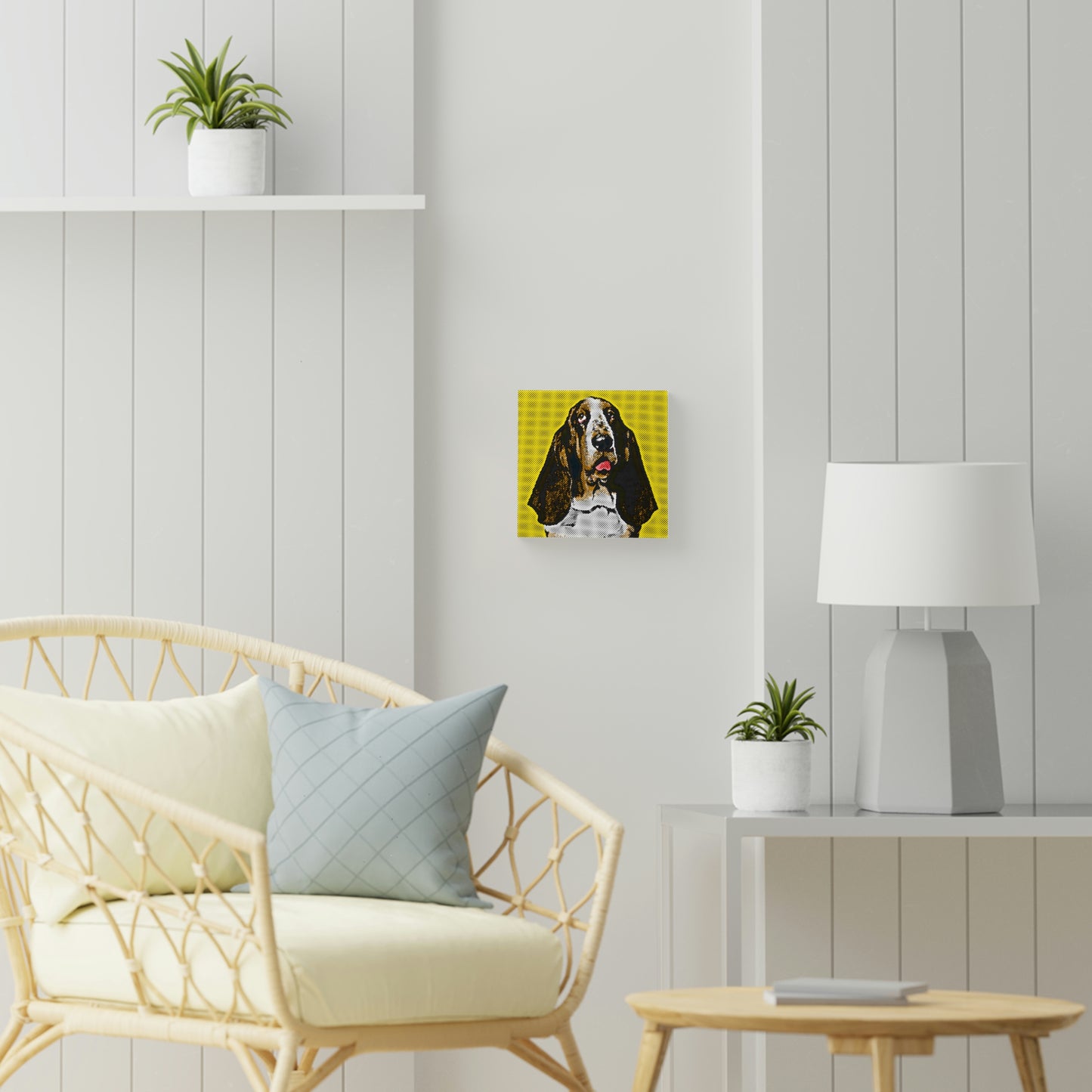 Basset on Yellow Background - Wood Canvas