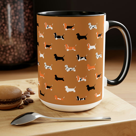 Basset Hound Pattern (Light Brown) - Two-Tone Coffee Mugs, 15oz