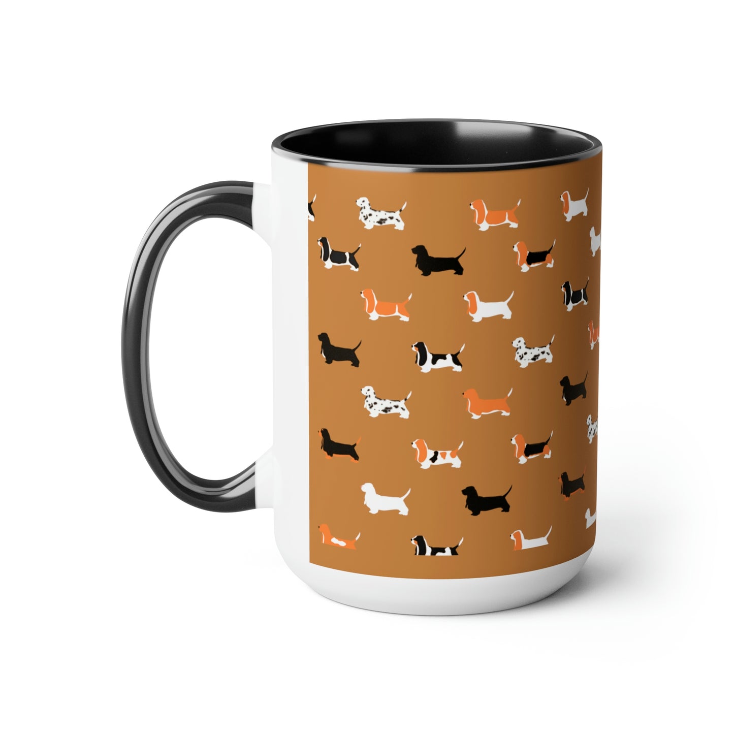 Basset Hound Pattern (Light Brown) - Two-Tone Coffee Mugs, 15oz