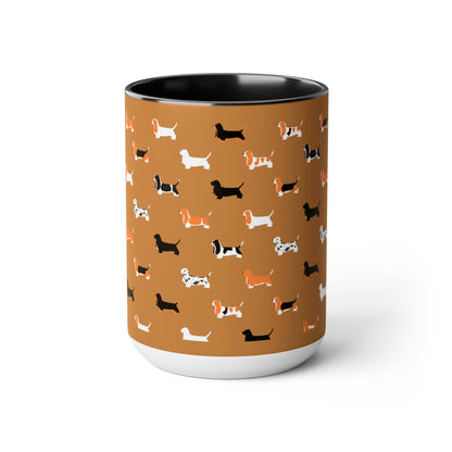 Basset Hound Pattern (Light Brown) - Two-Tone Coffee Mugs, 15oz