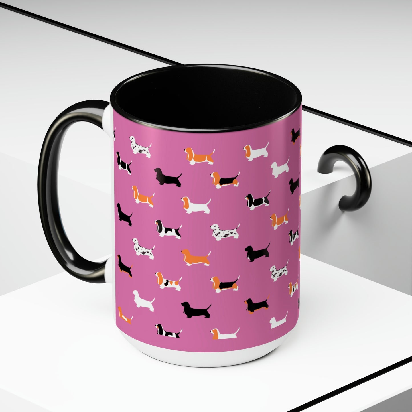 Basset Hound Pattern (Pink) - Two-Tone Coffee Mugs, 15oz