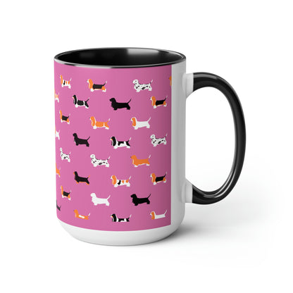 Basset Hound Pattern (Pink) - Two-Tone Coffee Mugs, 15oz
