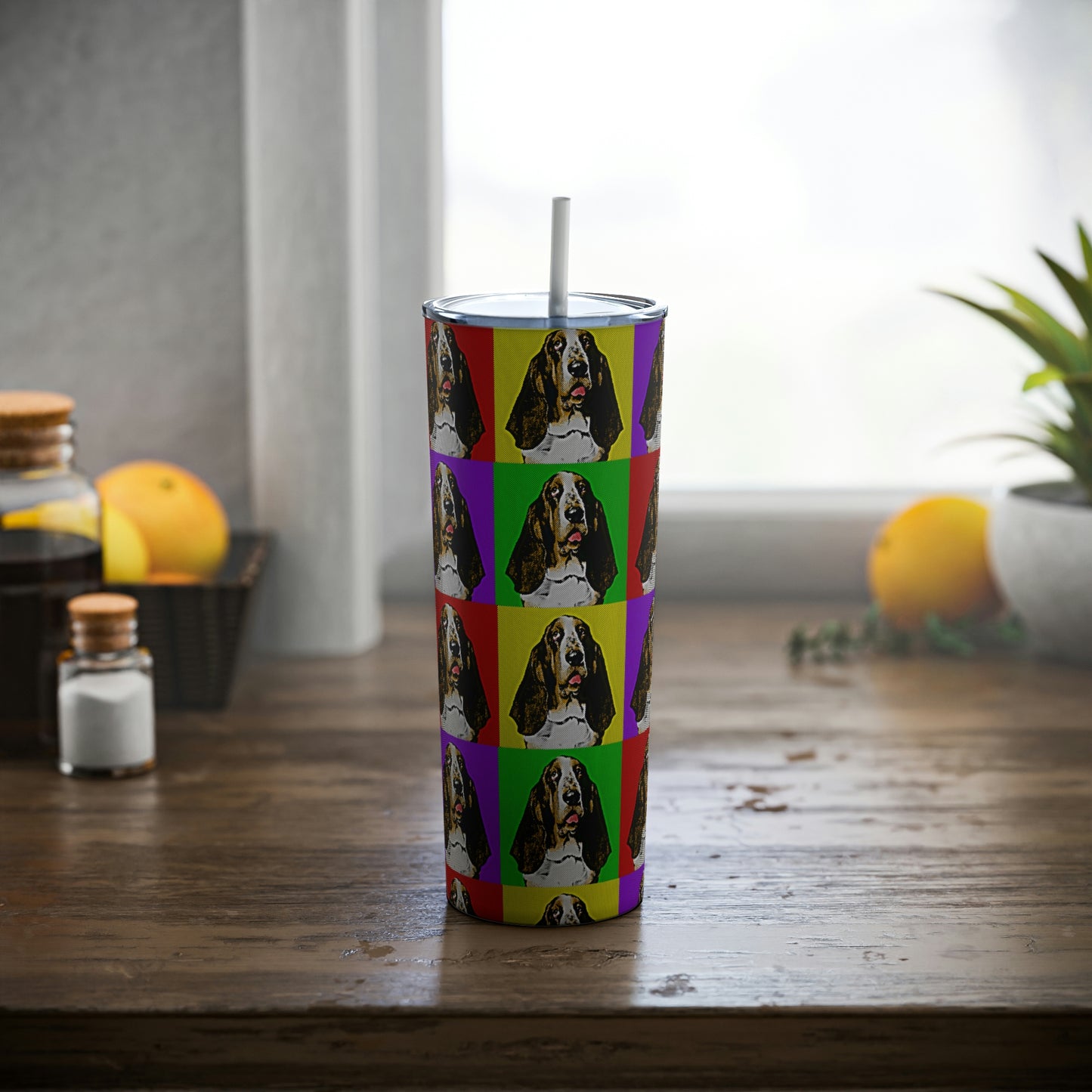 Basset Pop Art - Skinny Steel Tumbler with Straw, 20oz