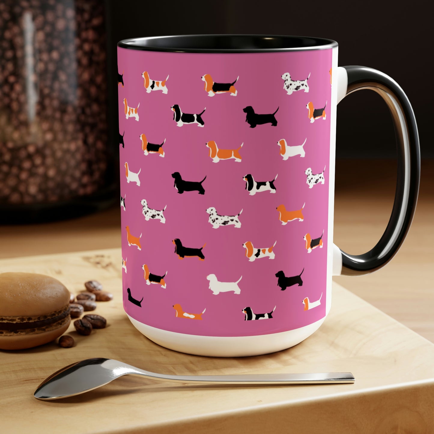 Basset Hound Pattern (Pink) - Two-Tone Coffee Mugs, 15oz