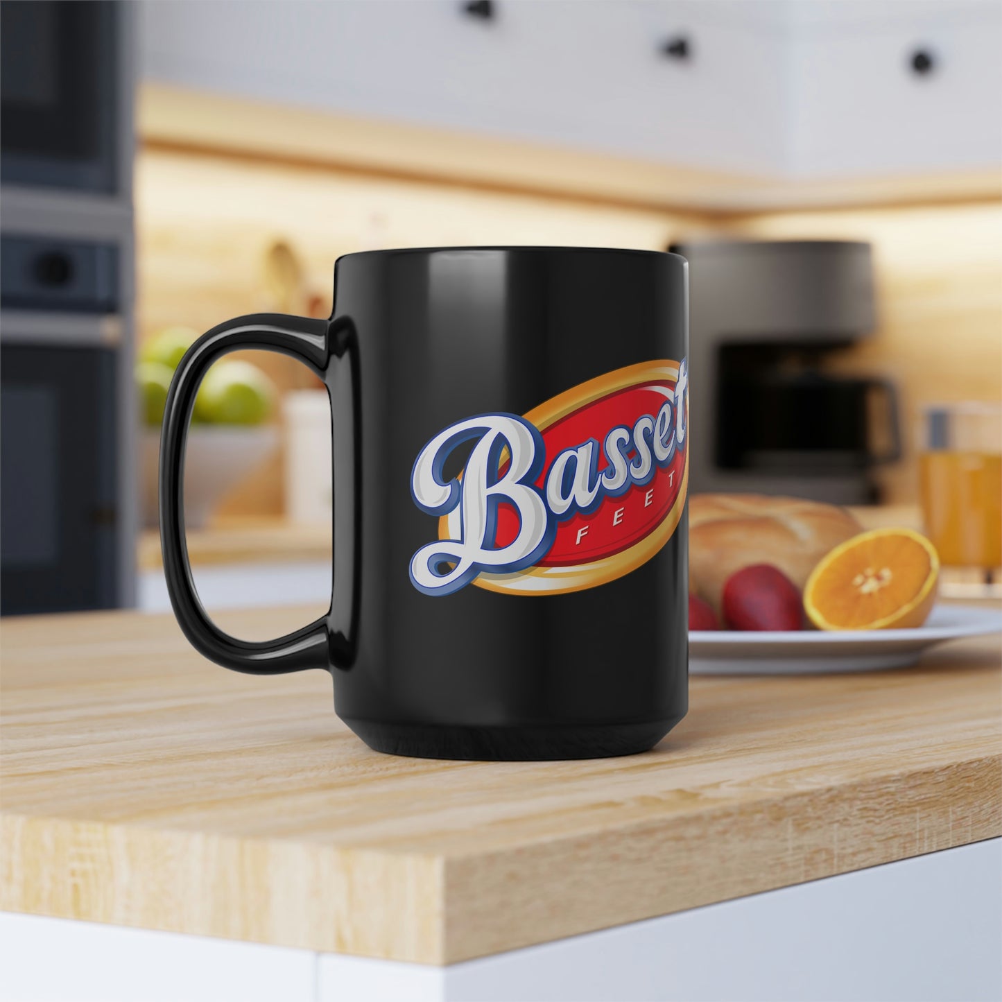 Basset Hound Corn Chips Parody Logo - Black Mug, 15oz