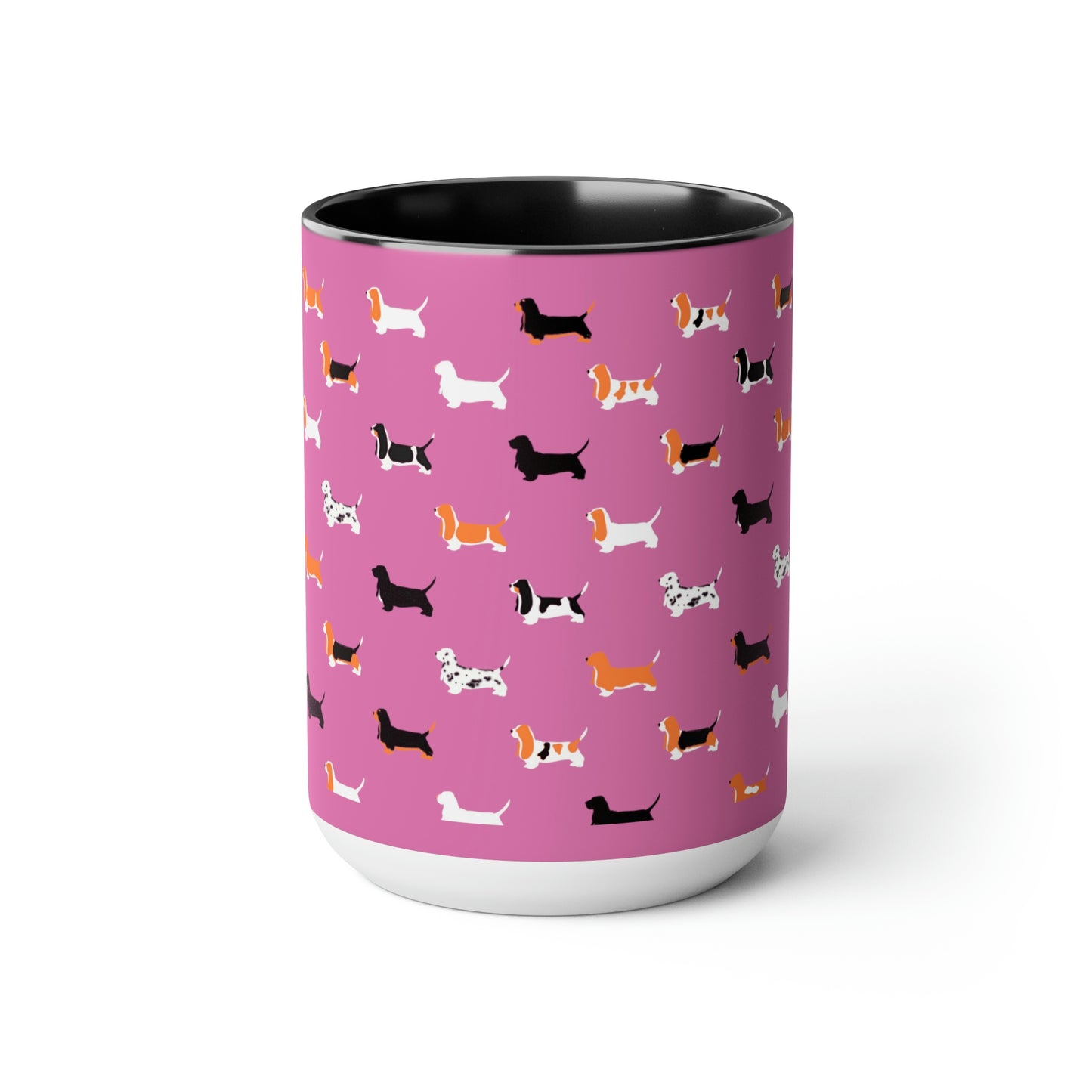 Basset Hound Pattern (Pink) - Two-Tone Coffee Mugs, 15oz