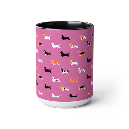 Basset Hound Pattern (Pink) - Two-Tone Coffee Mugs, 15oz